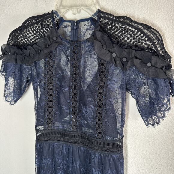 Self-Portrait Navy Lace Frill Midi Dress SP13-056 Size 4 Elegant Cocktail - Picture 6 of 16